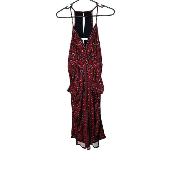 BCBG XS Midi Dress Surplice Draped Burgundy Boho Floral V Neck Halter Pockets - Picture 2 of 8